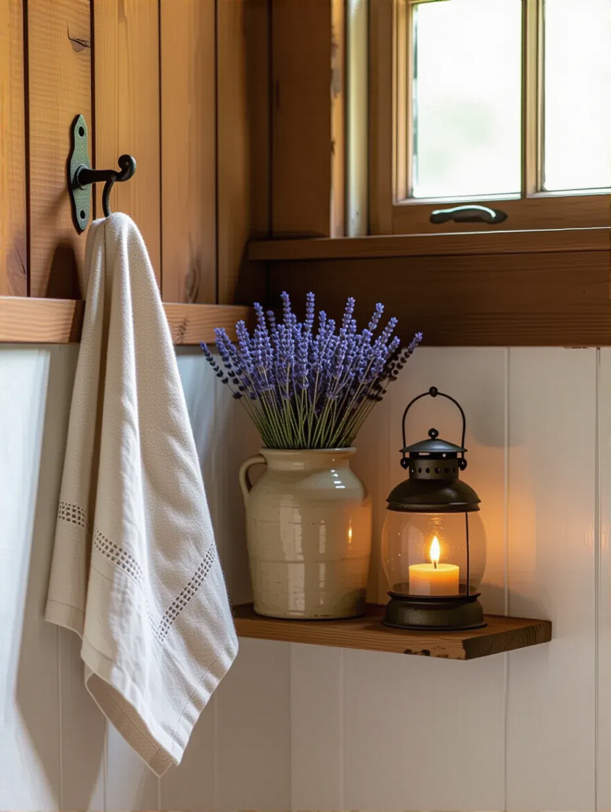 Colonial bathroom corner with antique pine shelf holding stoneware crock and tin candle lantern, linen towel on forged iron hook, natural lighting