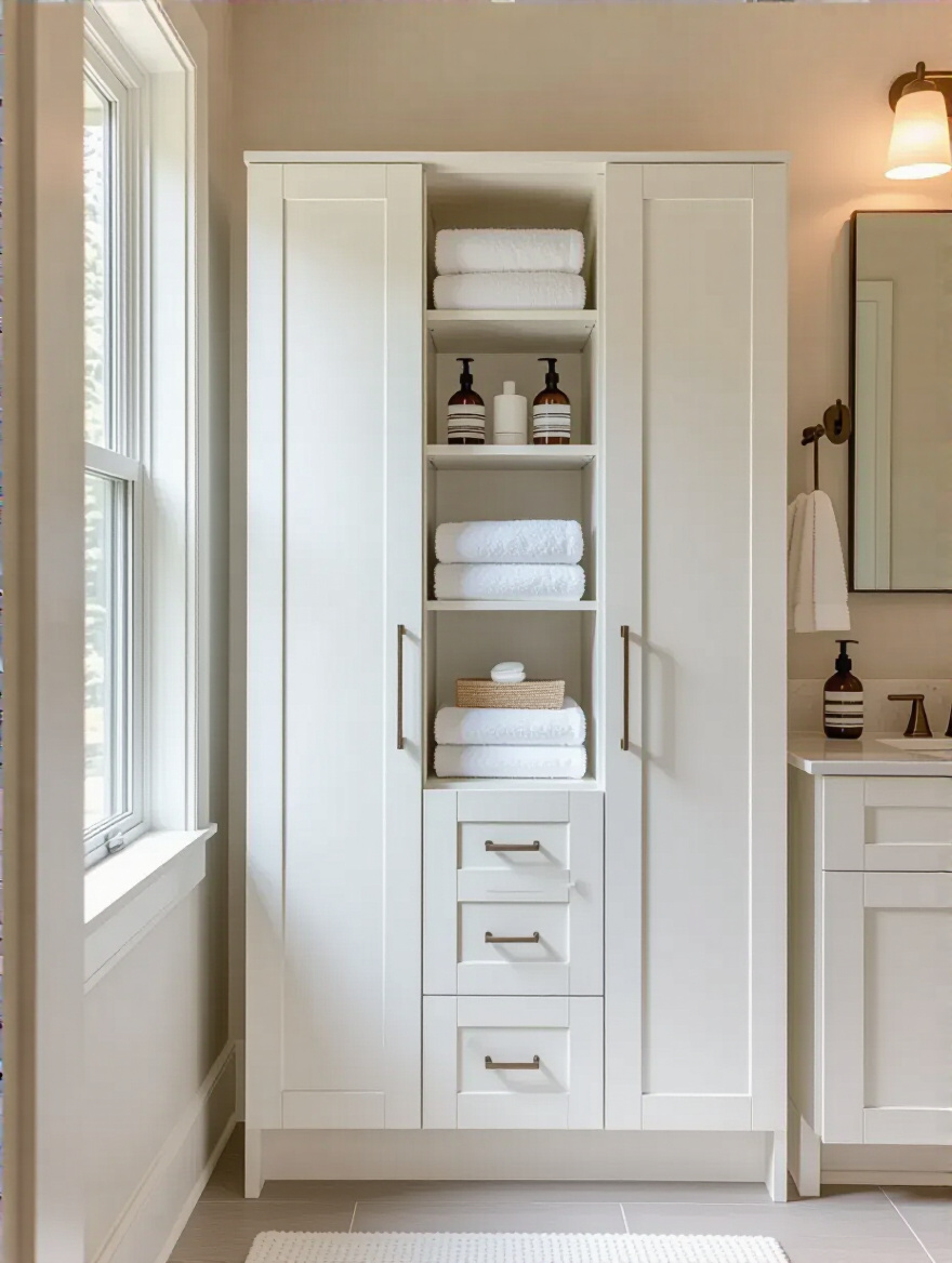 Tall vertical storage cabinet in a small bathroom with organized shelves and closed doors, maximizing height utilization