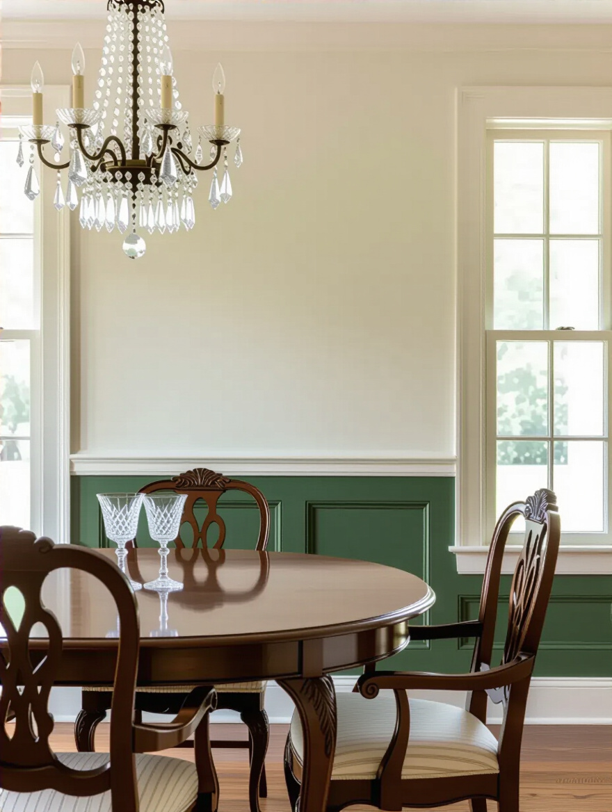 Elegant dining room with two-tone walls split at chair rail height in forest green and cream, ornate wooden furniture, and crystal chandelier