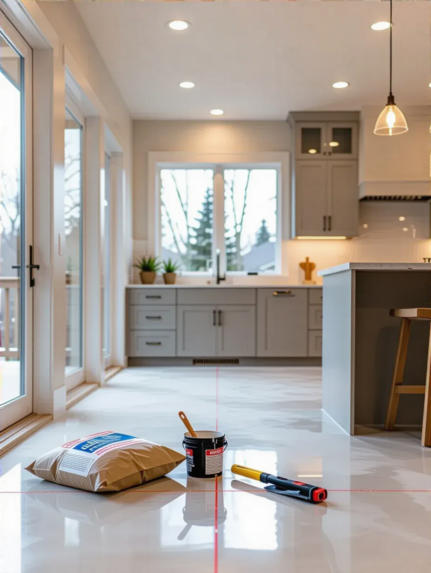 Portrait shot of a modern kitchen subfloor leveling prep area with laser level and tools, no people.