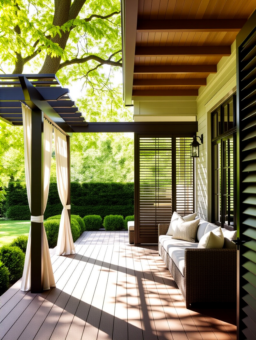 Vertical image of a porch with pergola shadows, deep overhang and fluttering ribbons showing sun path and wind direction