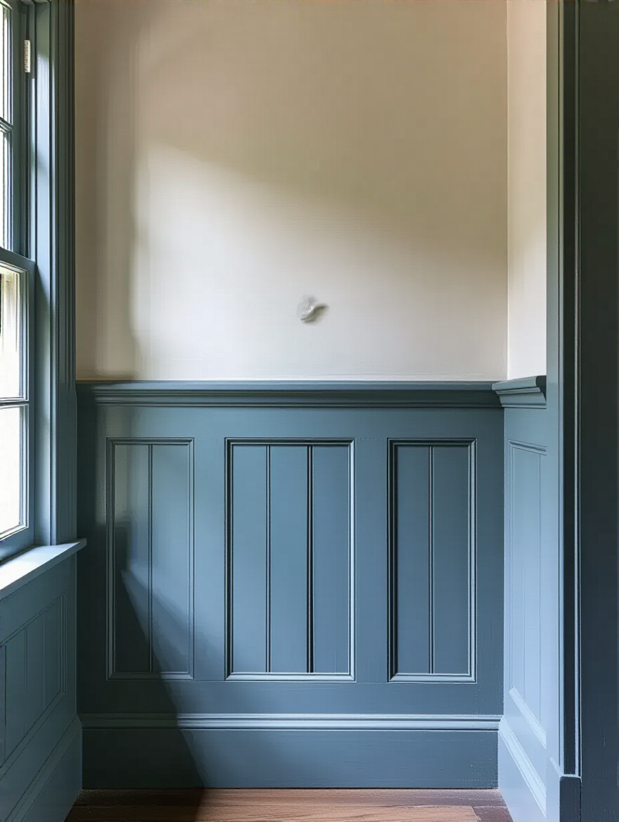 Authentic Colonial bathroom wall with period-correct wainscoting and plaster finish, showcasing historical wood paneling and muted paint colors.