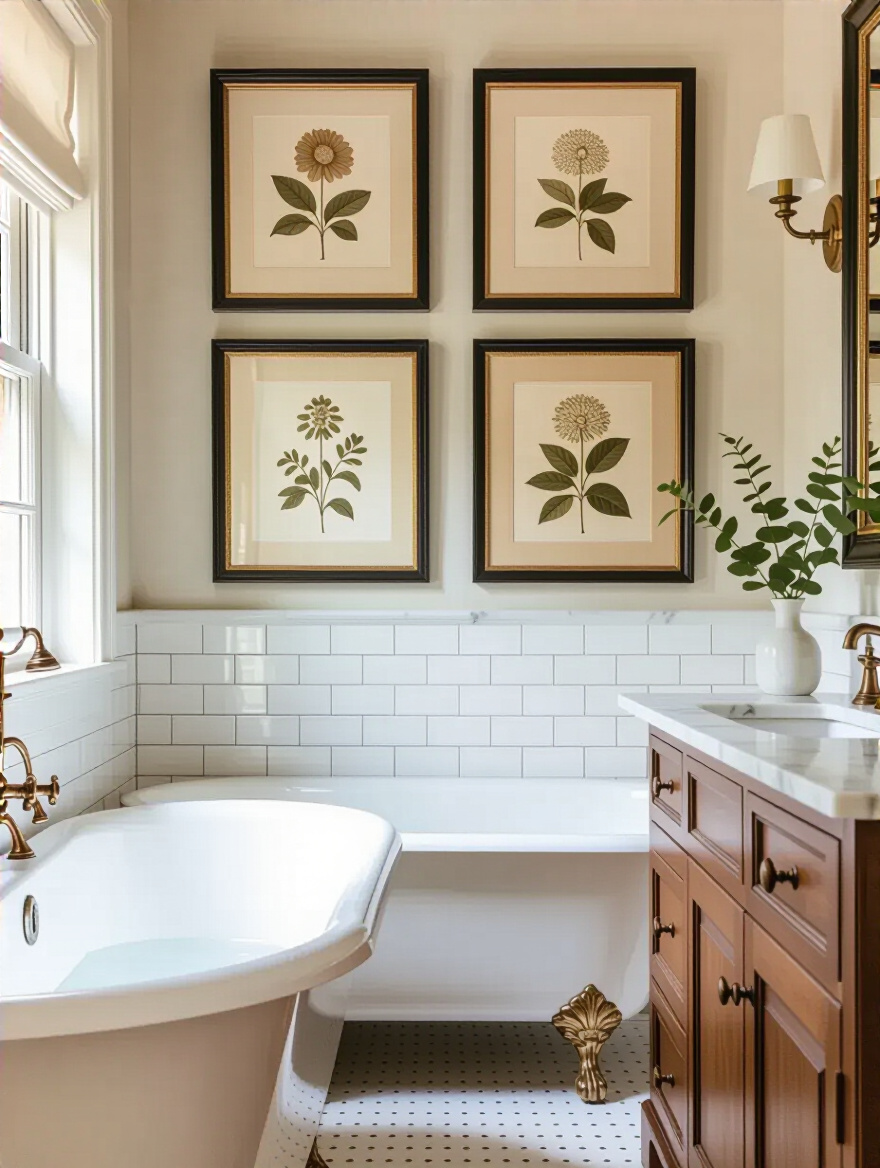 Traditional bathroom featuring vintage-inspired botanical prints arranged above clawfoot tub and classic vanity