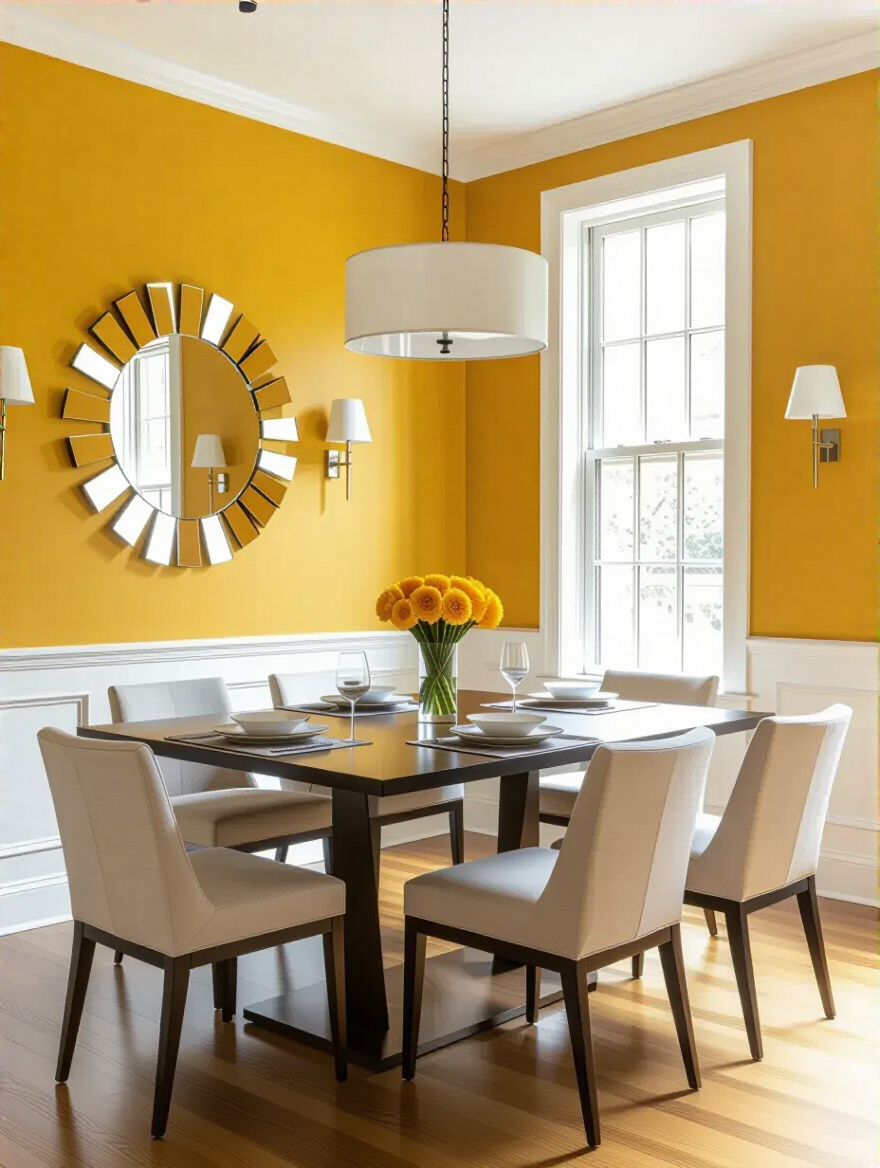 Modern dining room with energetic mustard yellow walls and mirrored accents, well-lit with natural daylight