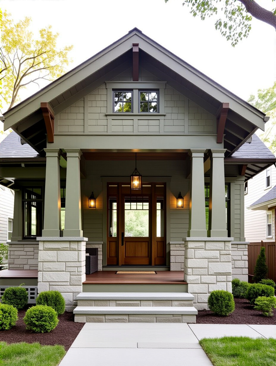 Front porch of a bungalow with matching architectural details, stone piers, tapered columns, and cohesive materials.