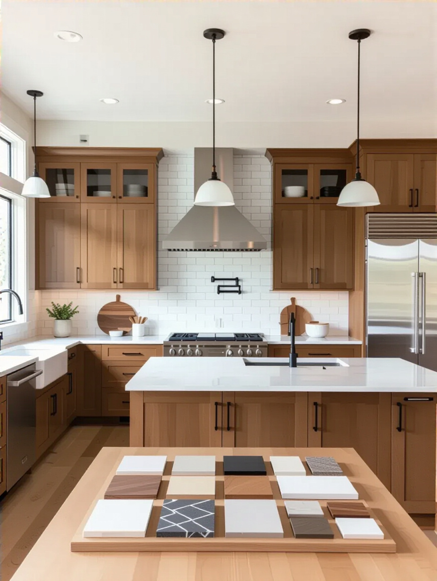 Vertical shot of a modern kitchen showing a mood board on the island with tile, countertop, and hardware samples, blending traditional and contemporary styles, no text.