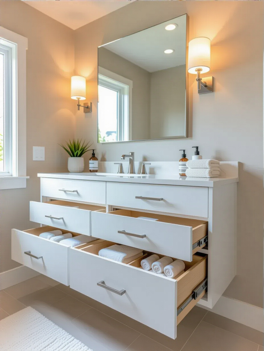 White bathroom vanity with open drawers and shelves showing organized storage in a bright bathroom
