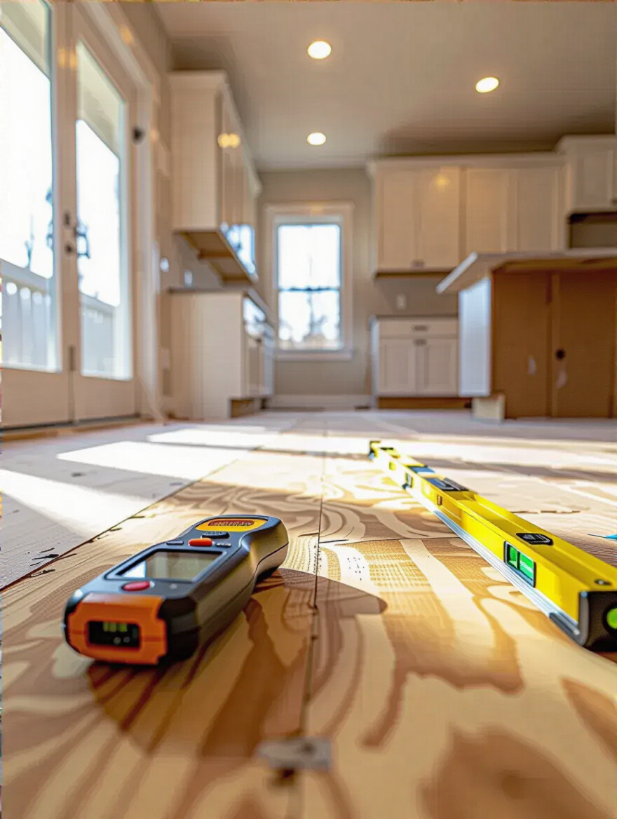 Portrait of a bare subfloor with moisture meter and level, ready for new kitchen flooring.
