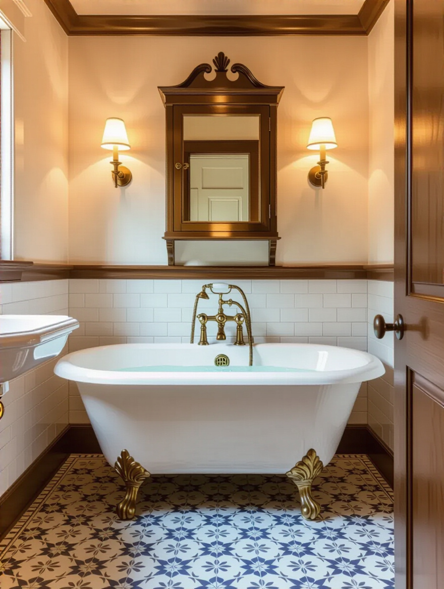 Traditional bathroom interior blending period-authentic clawfoot tub and pedestal sink with modern smart features and warm layered lighting