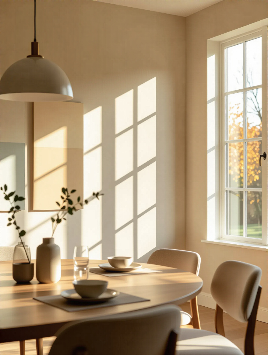 Dining room interior showing natural light exposure and large paint swatches on walls for color testing