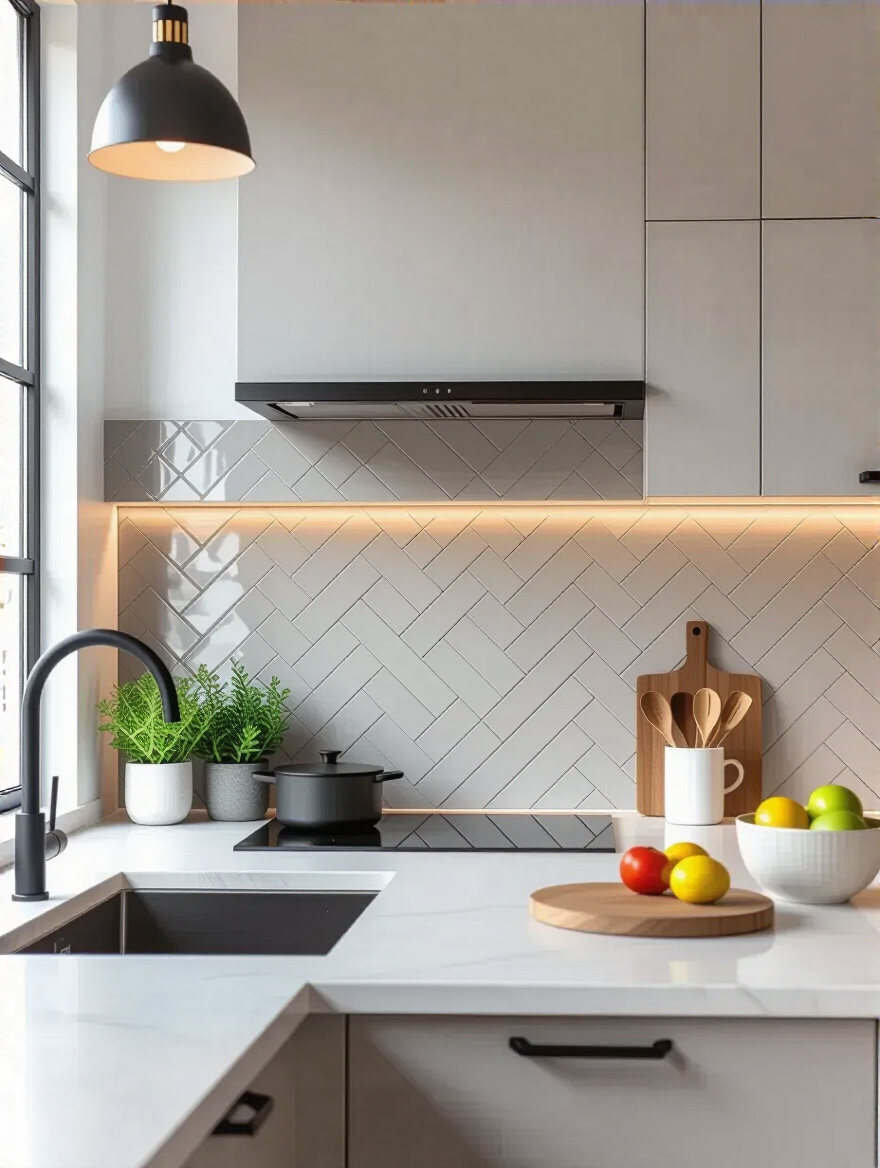 Portrait view of a modern kitchen backsplash with unique stacking and herringbone patterns