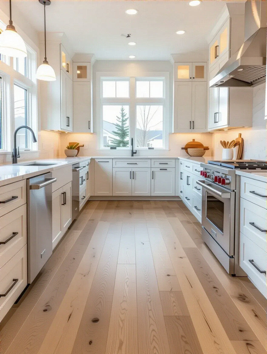 Portrait photo of a modern kitchen with premium flooring, bright lighting, no people, showcasing wide-plank flooring and a light, airy palette.