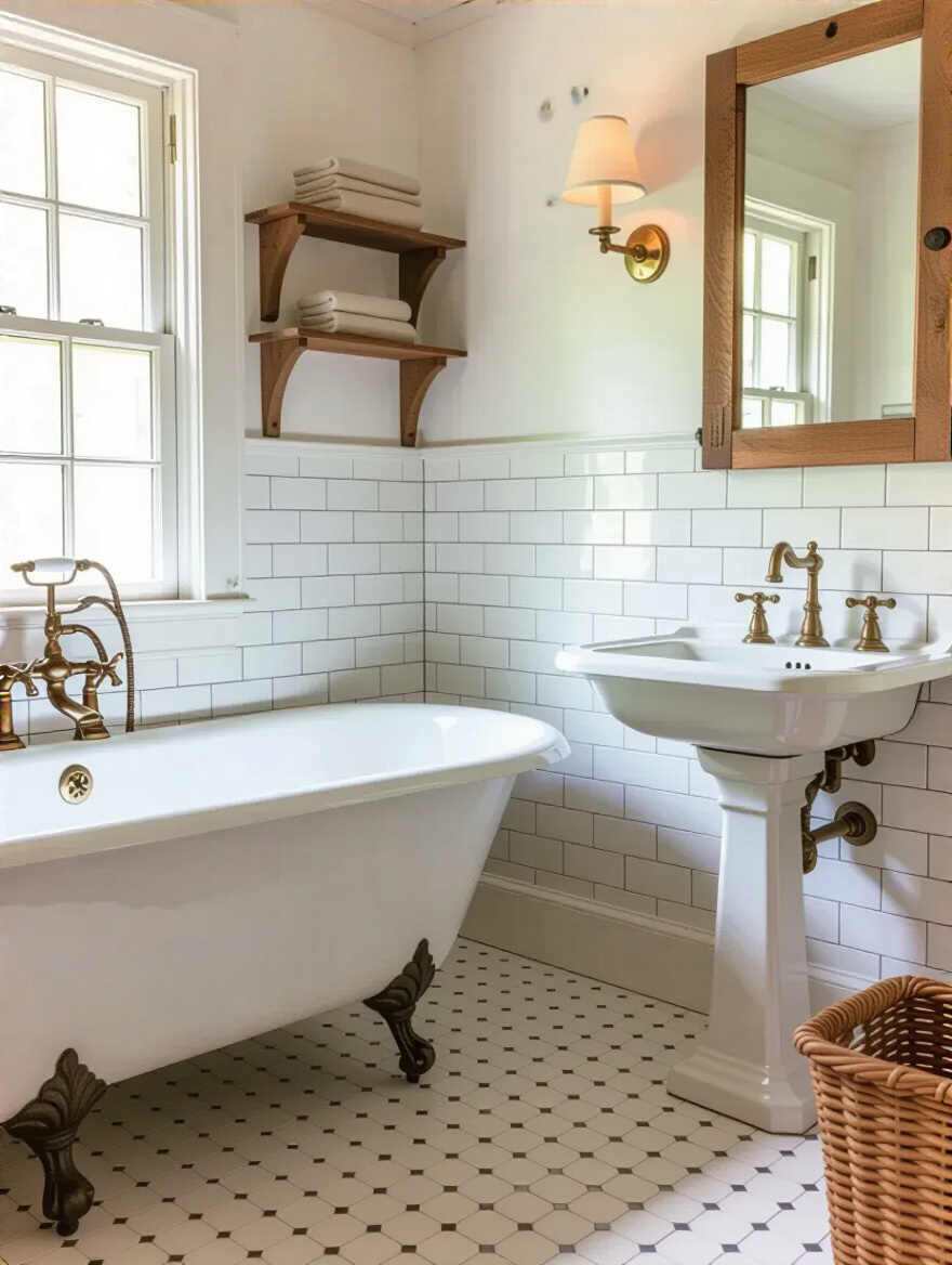 Authentic Colonial bathroom with clawfoot tub, pedestal sink, and brass faucets showcasing quality period reproductions