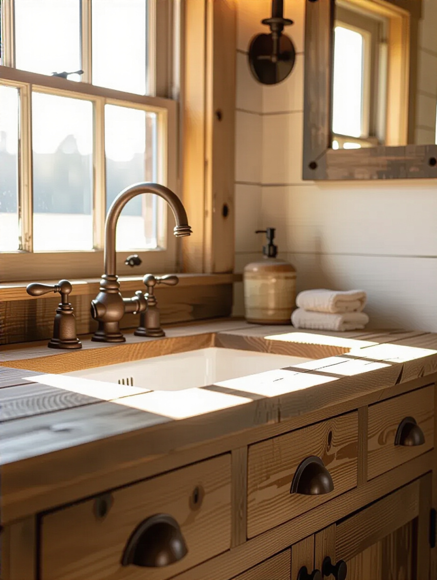 Close-up portrait of aged metal hardware on rustic bathroom cabinet and faucet with authentic patina