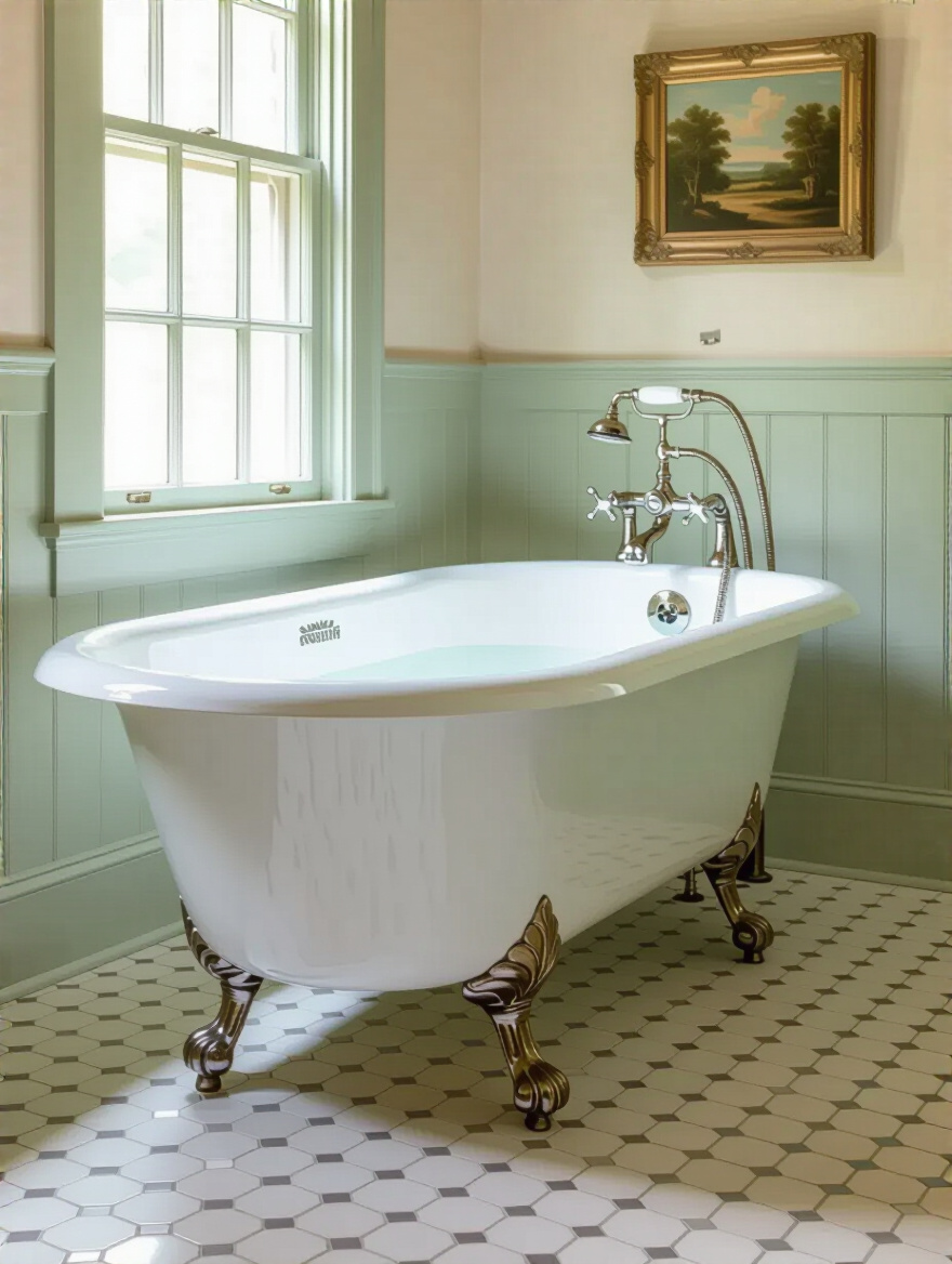 Classic cast-iron clawfoot bathtub in authentic Colonial bathroom with vintage fixtures and natural lighting