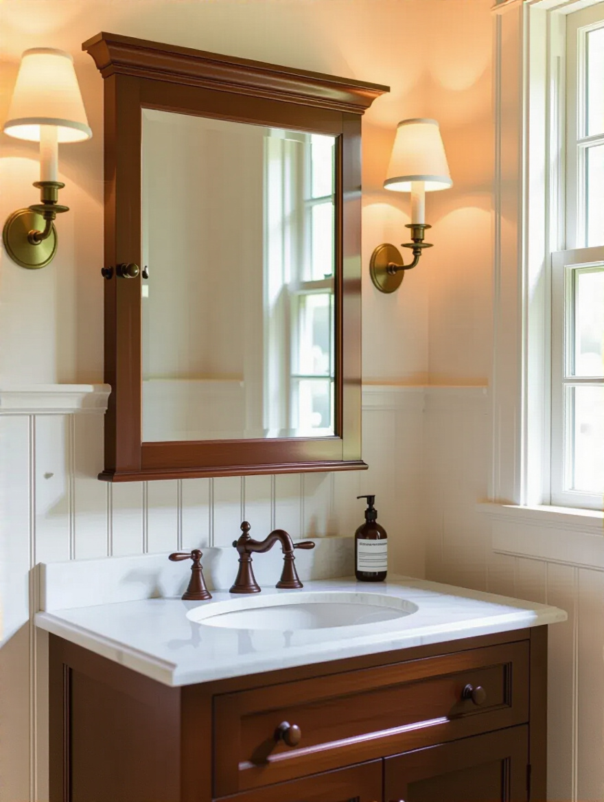 Classic colonial bathroom mirror and recessed medicine cabinet above wooden vanity with natural lighting