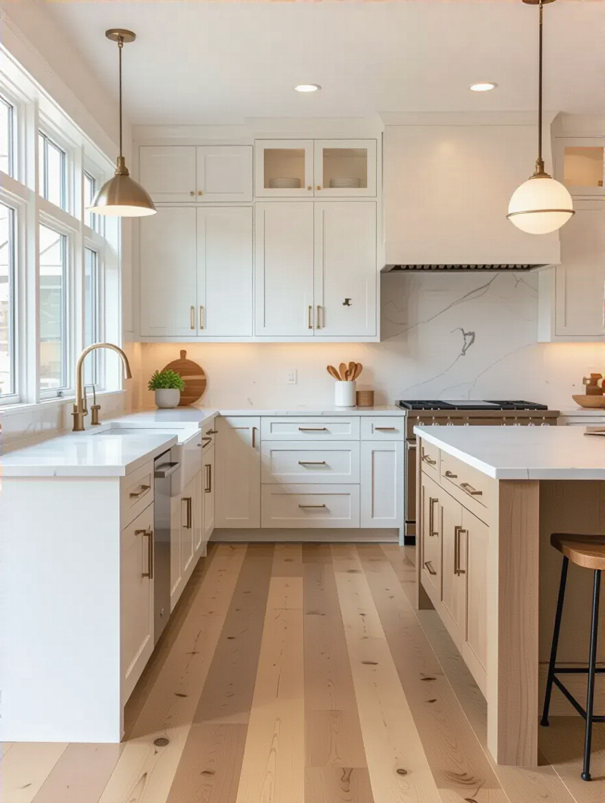 Portrait of a modern kitchen with cohesive flooring that complements cabinets and countertops, no people.