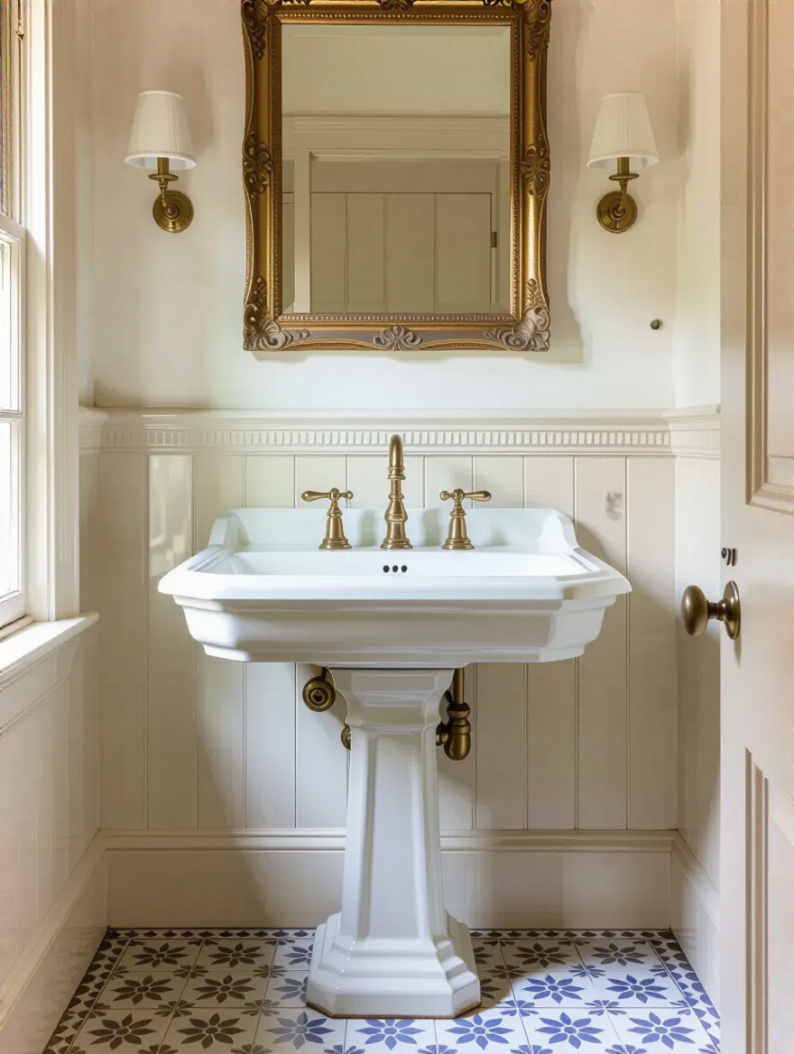 Traditional bathroom with iconic white pedestal sink and vintage brass fixtures in warm natural light