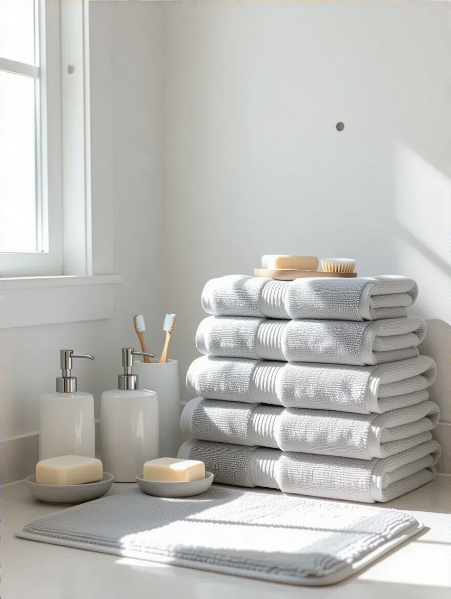 Small bathroom corner with monochromatic grey towels and matching accessories creating a serene atmosphere