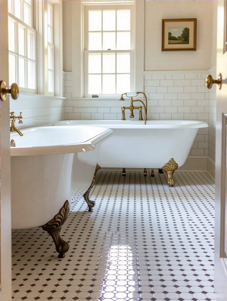 Traditional bathroom with period-appropriate penny tile flooring and vintage fixtures in natural light