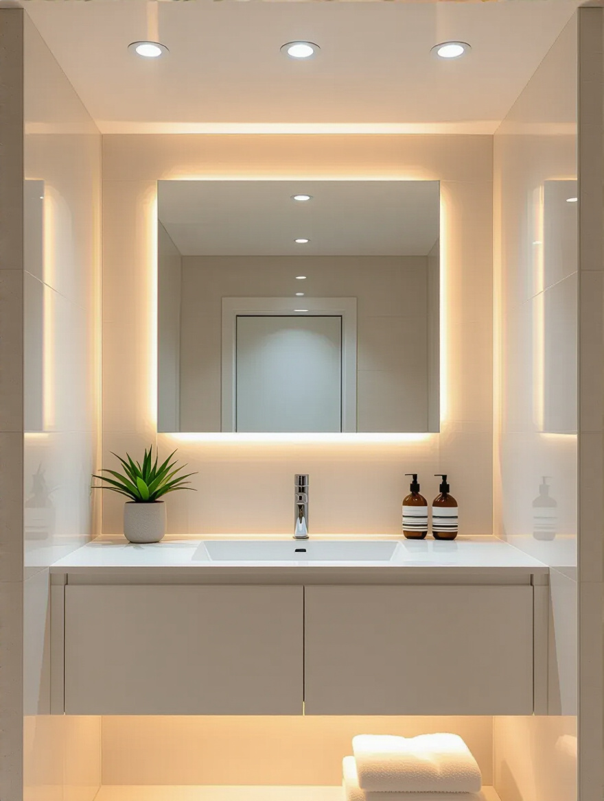 Small modern bathroom with recessed lighting fixtures installed flush in the ceiling creating an uncluttered and bright space