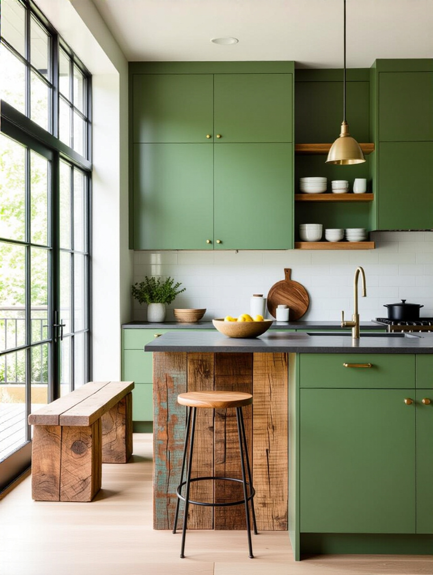 Vertical kitchen scene featuring reclaimed wood island, salvaged tile backsplash, and patinaed metal shelves with warm lighting.