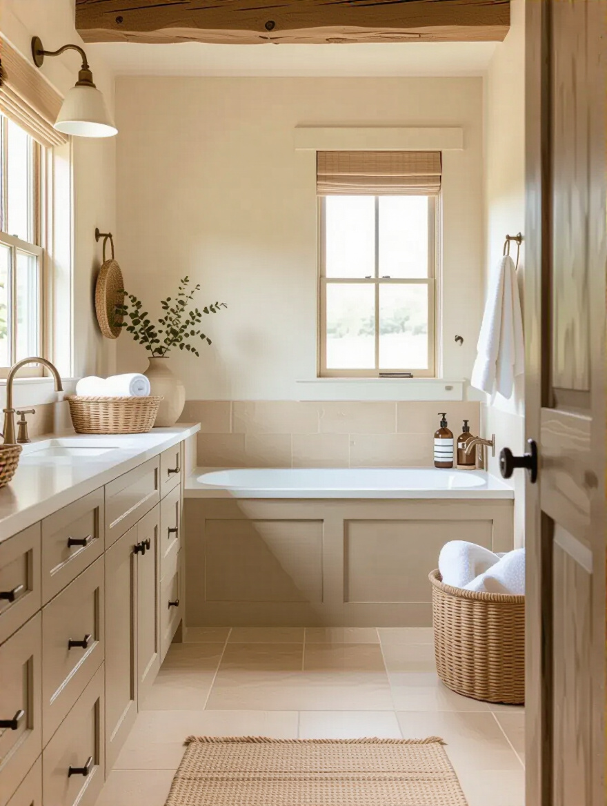 Cozy country bathroom with warm neutral walls, rustic wood vanity, and vintage brass fixtures