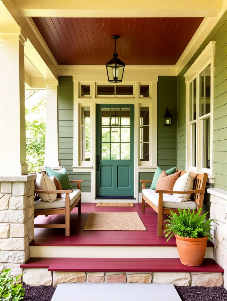 Front porch showing a harmonious color palette with olive-green siding, cream trim, rust-red porch floor, and teal door accent