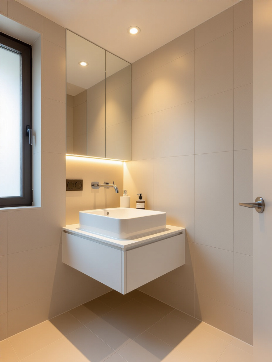 Small modern bathroom with a sleek wall-mounted corner sink maximizing space and clear traffic flow