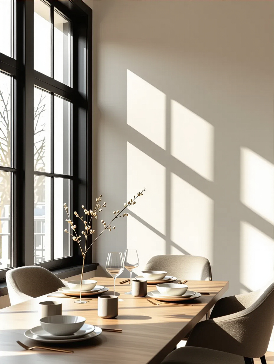 Modern dining room walls showing various paint finishes from matte to high gloss reflecting natural light