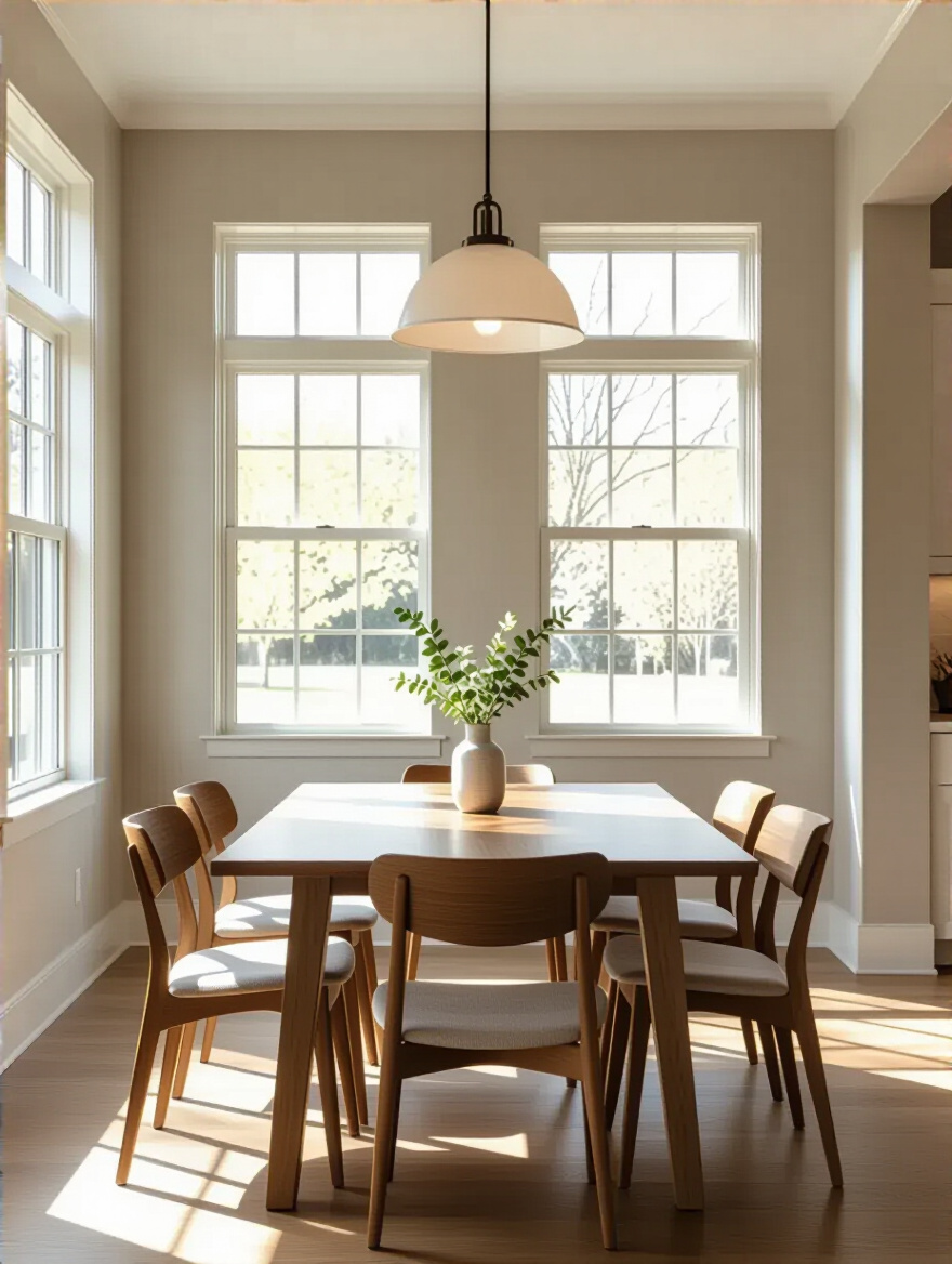 Portrait of a high-traffic dining room with durable washable paint walls in satin finish, showing clean and vibrant wall surfaces under natural and artificial lighting.