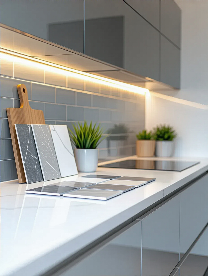 Portrait-oriented image of a modern kitchen backsplash workspace with tile samples and organized tools, no people.