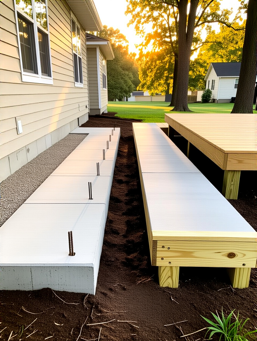 Vertical photo showing three adjacent porch foundation types—concrete piers, concrete slab, and post-and-beam footings—with gravel drainage and sloped grade