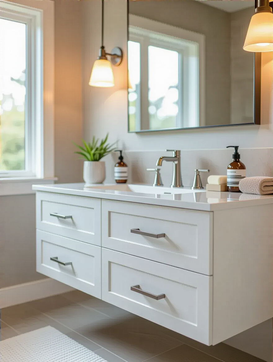White bathroom vanity showing matte, gloss, and satin finishes side by side with lighting highlighting texture and durability