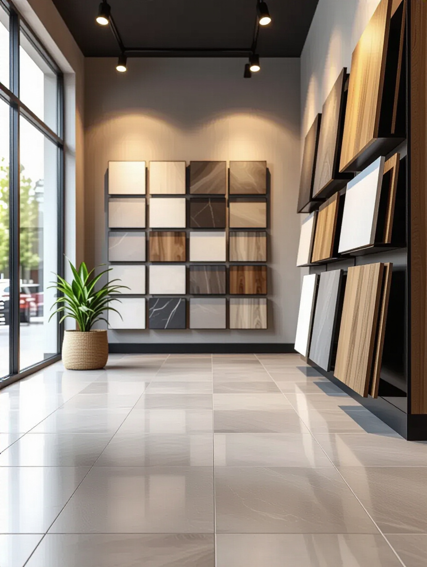 Portrait-style showroom scene highlighting durable kitchen flooring materials (porcelain, LVP, engineered wood).