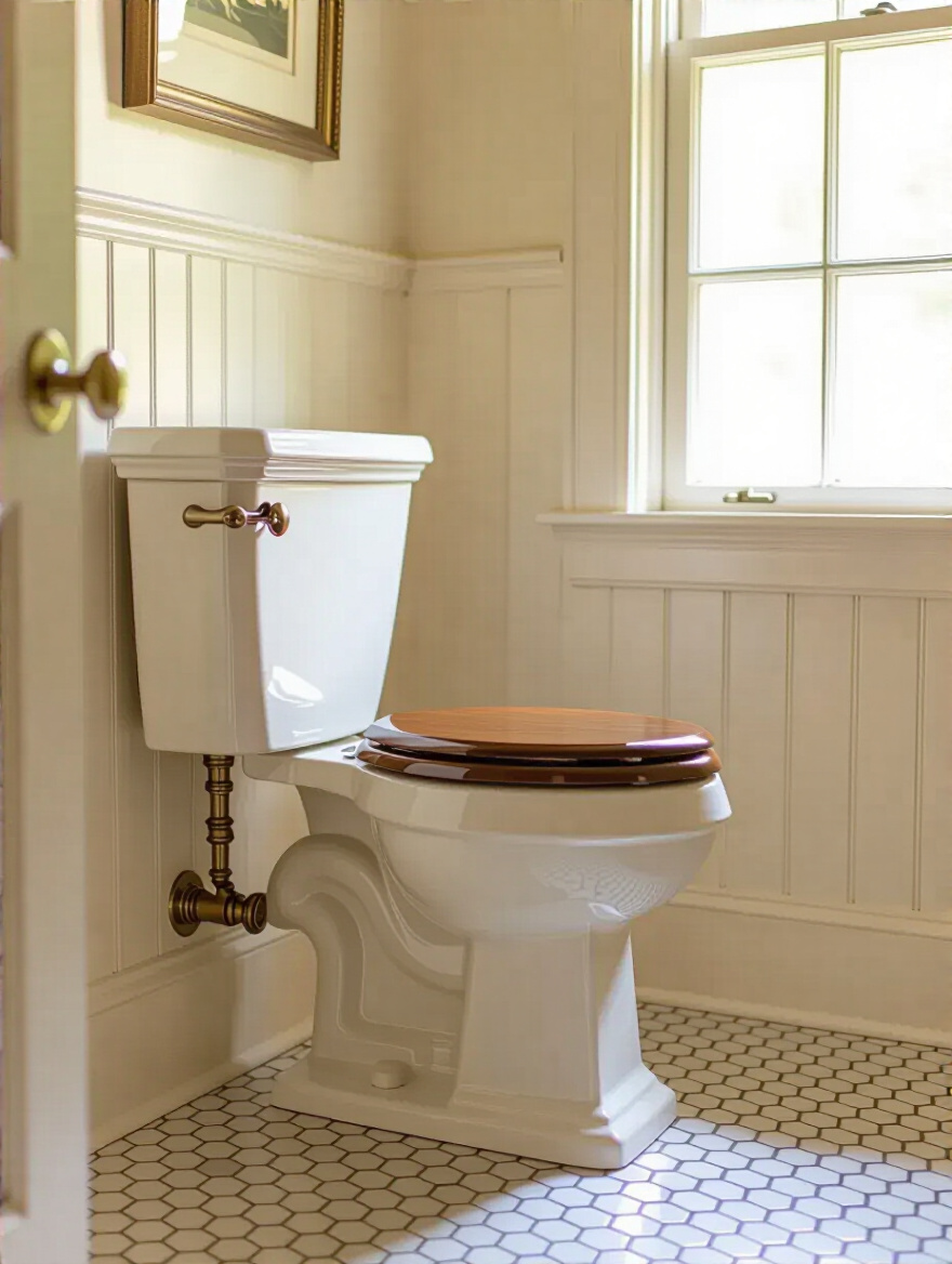 High-tank toilet with polished nickel finish and wooden seat in an authentic Colonial-style bathroom with beadboard walls and hexagonal tile floor