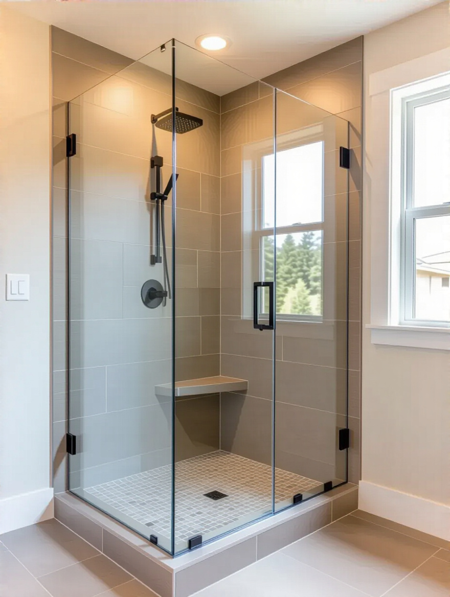 Modern small bathroom with walk-in shower converted from bathtub featuring frameless glass and large tiles