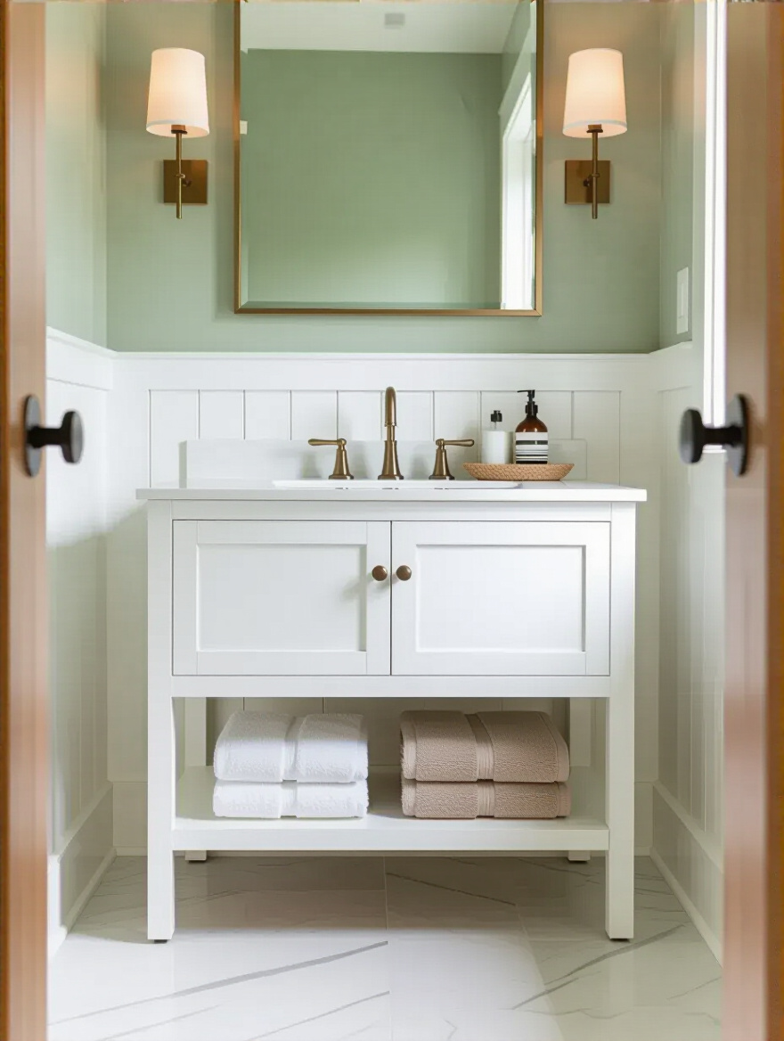 White bathroom vanity with sage green walls, natural wood accents, and light grey marble tiles creating a serene color palette