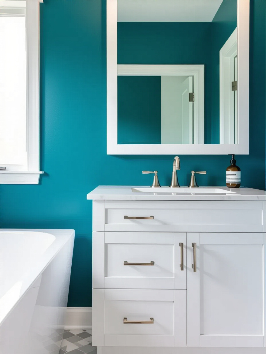White bathroom vanity with bold deep teal wall color creating striking contrast in a modern bathroom