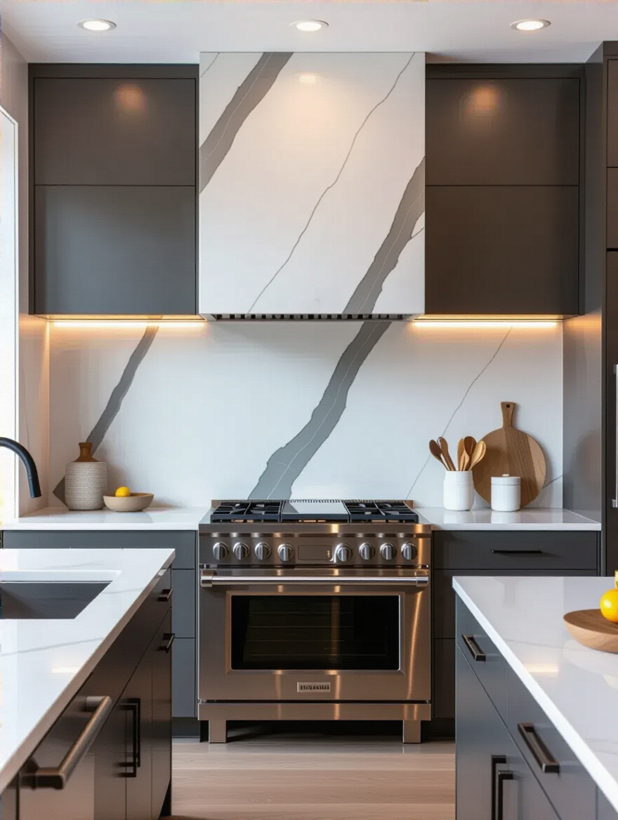 Modern kitchen with a full-height backsplash extending from counter to ceiling, seamless and dramatic.