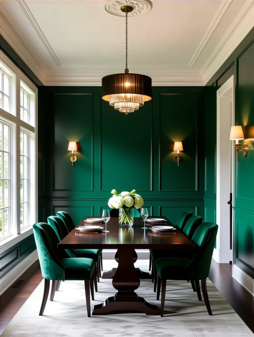 Luxurious dining room with emerald green jewel tone walls, dark walnut table, velvet chairs, and white tray ceiling with crown molding