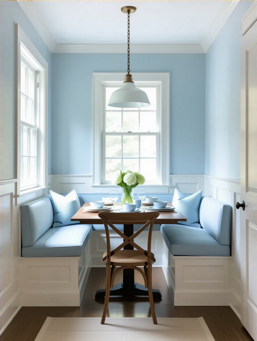 Empty dining room painted with light cool colors to visually expand the space, showing walls, ceiling, and trim in a professional interior photo