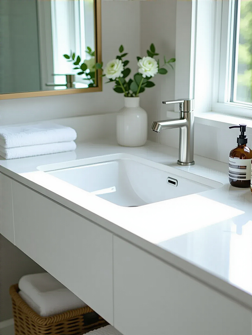 White bathroom vanity with a single undermount sink showcasing clean, modern design and efficient use of counter space