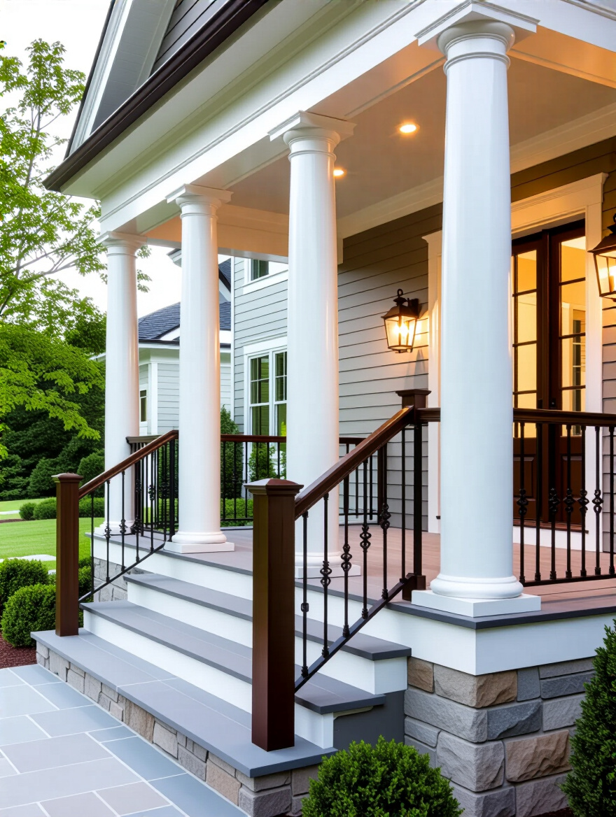 Front porch portrait view with turned wood fluted columns on stone bases and ornate wrought-iron railings with wooden handrail, warm golden-hour lighting, no people.