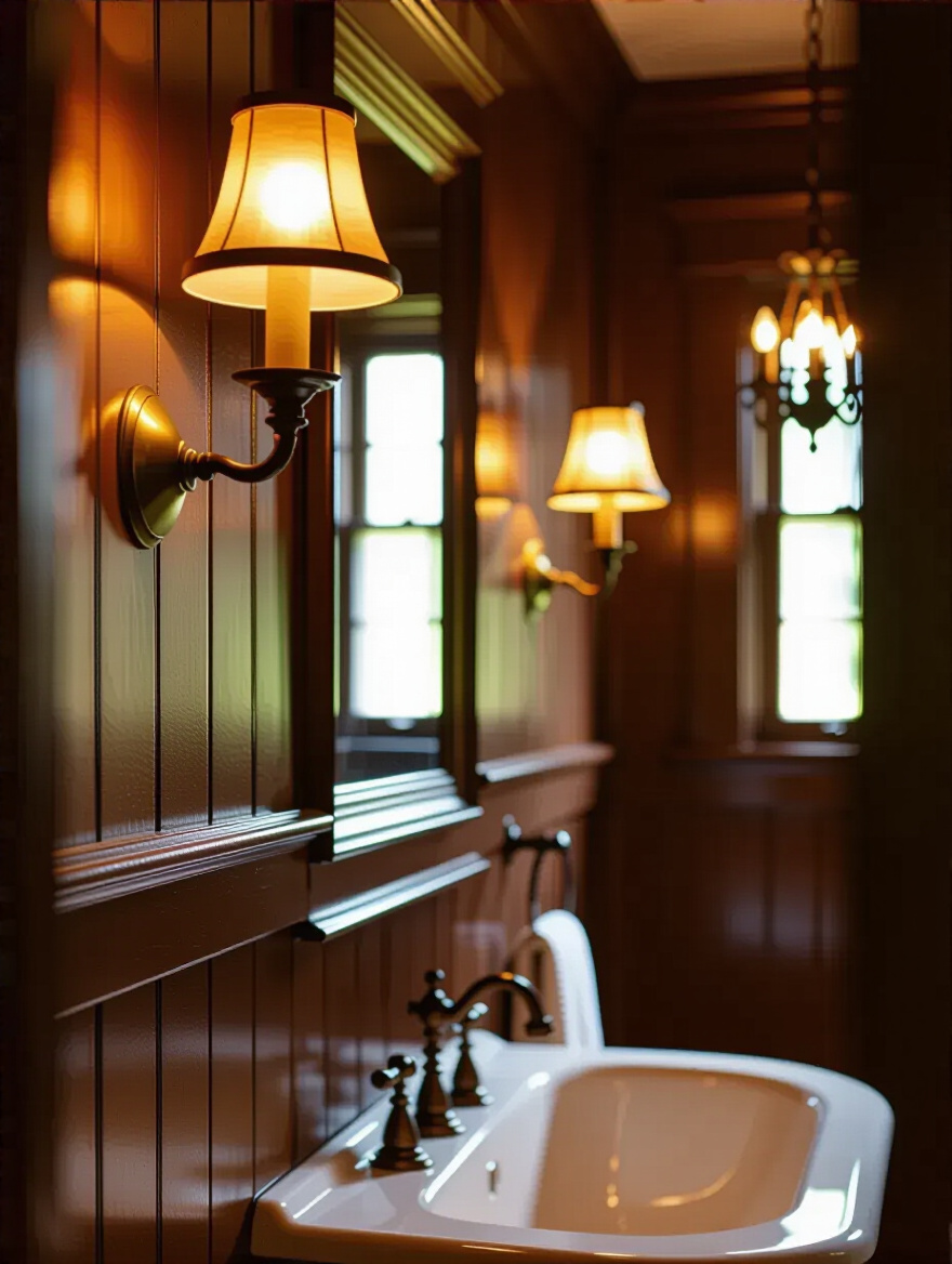 Warm diffused lighting in a Colonial bathroom with aged brass sconces and dark wood finishes