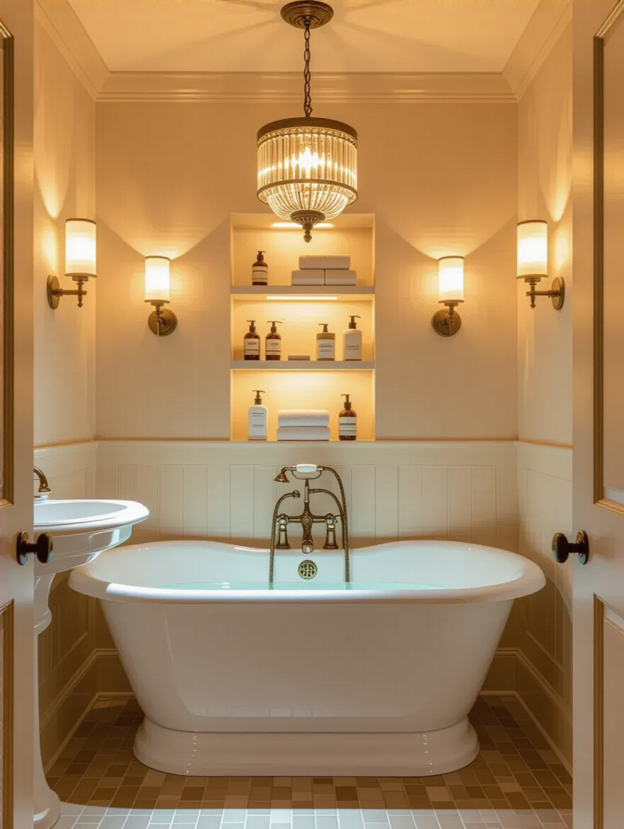 Traditional bathroom with warm layered lighting including brass chandelier, glass sconces, and recessed accent lights