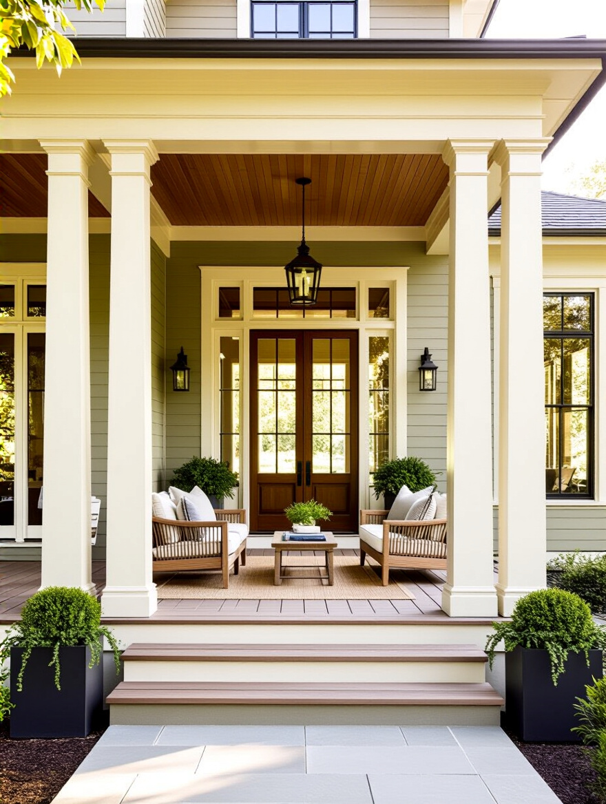 Vertical photo of a well-proportioned front porch with aligned roofline, tapered columns, cedar floor, and cozy seating