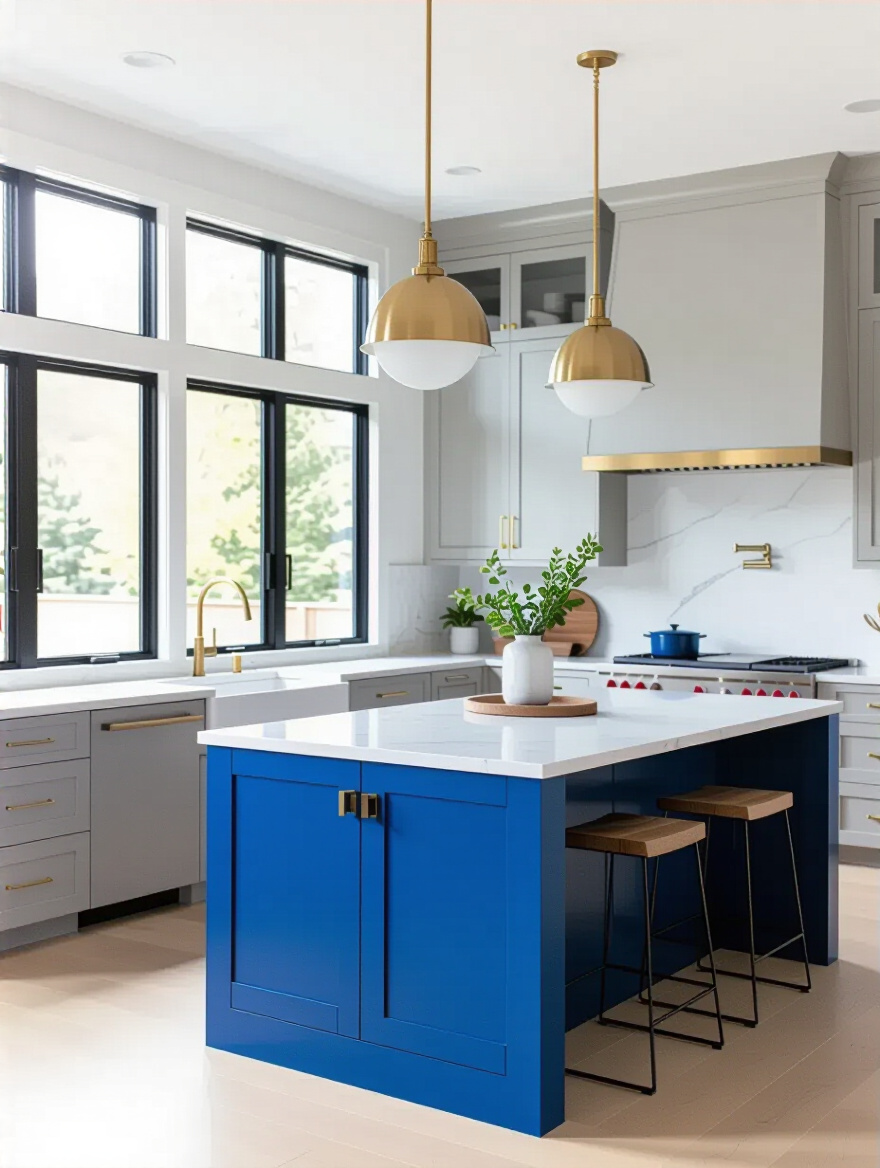 Portrait of a modern kitchen featuring a bold blue island as the central focal point.