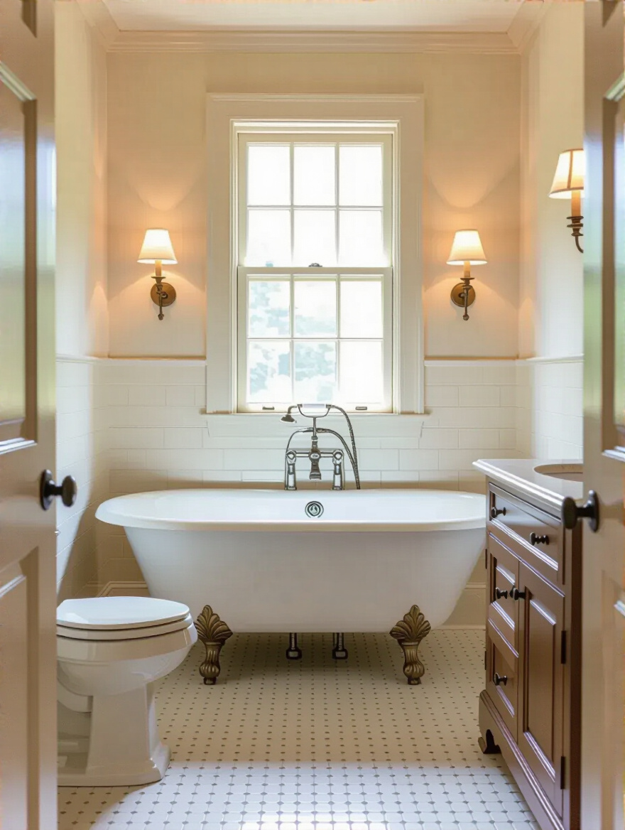 Traditional bathroom interior with clawfoot tub, antique vanity, and well-planned layout emphasizing spaciousness and functionality