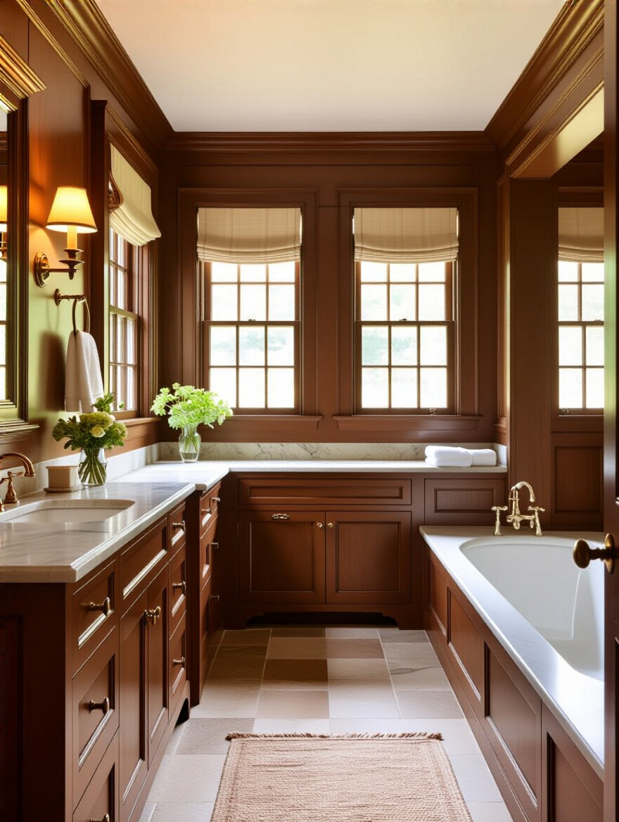 Authentic Colonial bathroom interior showcasing era-specific design elements and materials with period lighting and moldings